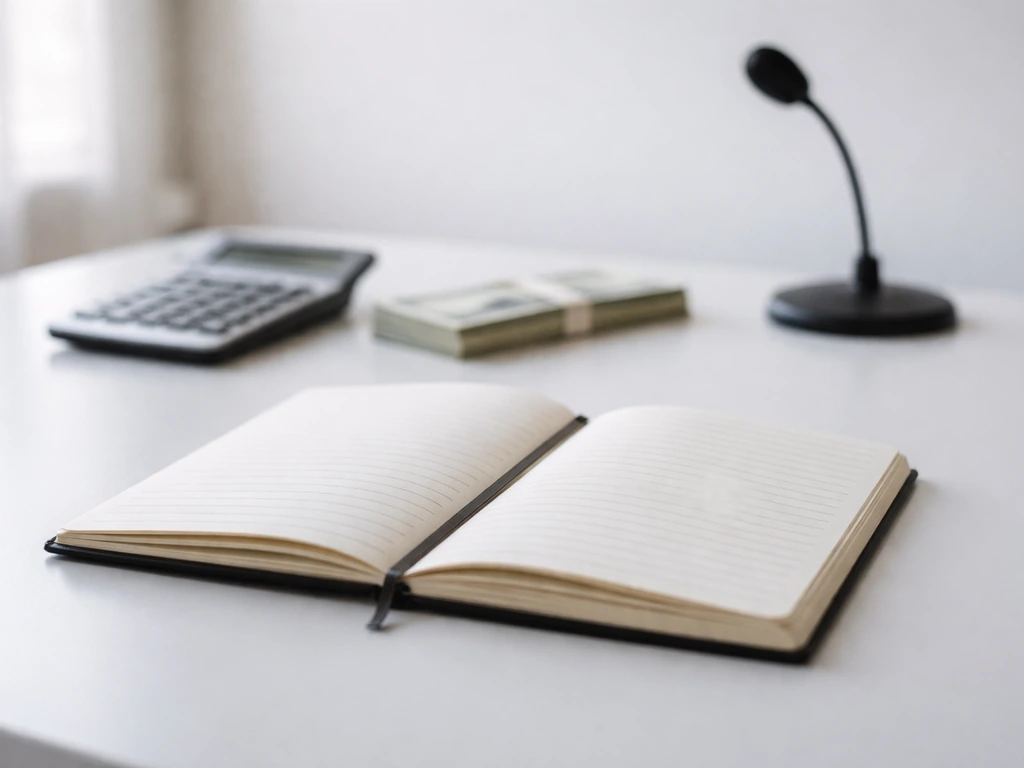 Minimal desk scene with calculator, open notebook, and cash suggesting a net worth breakdown.