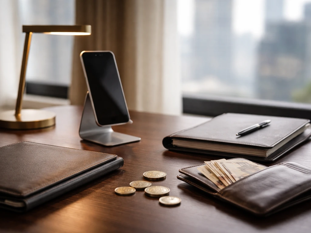Minimal office desk scene with coins and wallet symbolizing estimated business wealth analysis.