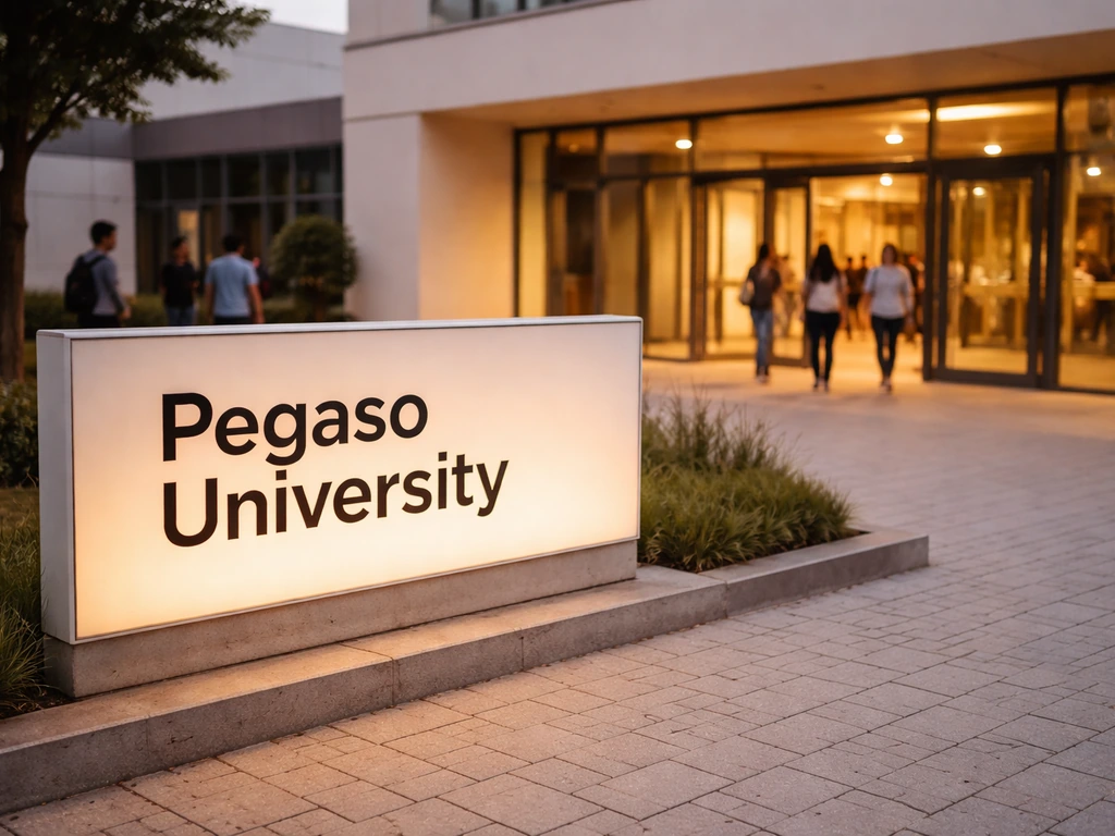 Outdoor view of a modern university campus with a glowing Pegaso University sign