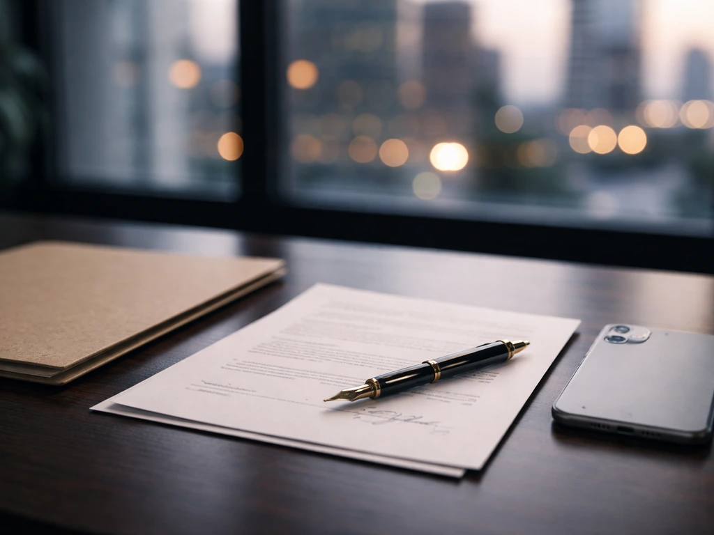 Close-up of a signed contract, pen, and folder on a quiet office desk with a city-window background.