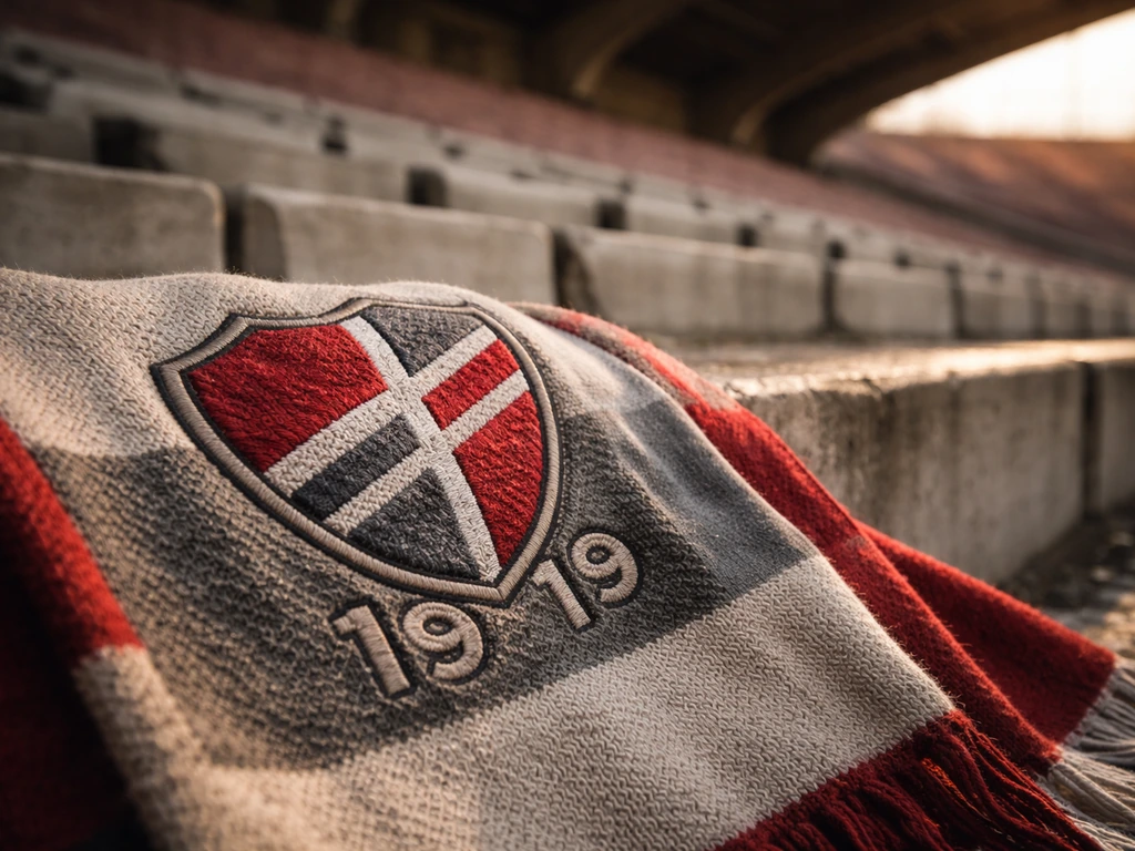 Close-up of a Salernitana-style crest scarf on stadium steps with empty stands in soft blur.