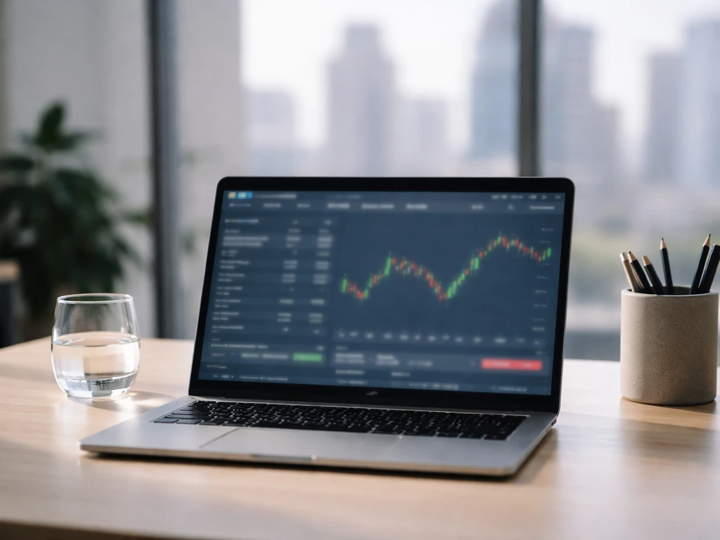Close-up of a laptop showing a blurred European stock exchange-style market page with a tidy office backdrop