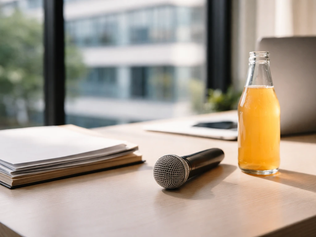 An anonymous business setup with a beverage-industry reference: a microphone and paperwork beside a bottle in a clean of