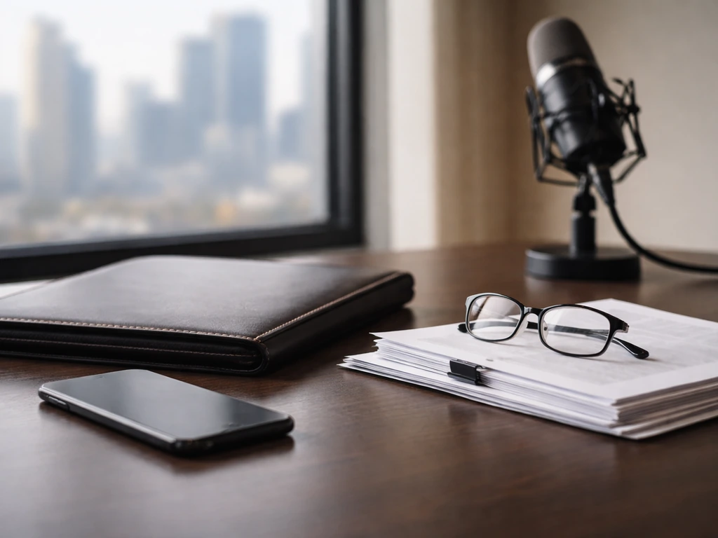 Minimal upscale office desk with smartphone, papers, glasses, and a studio microphone, city view behind