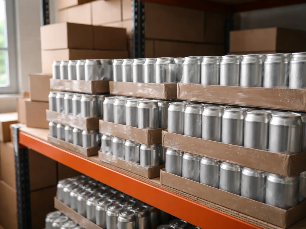 Assorted canned beverages on a warehouse shelf, symbolizing AriZona beverage company-driven wealth.