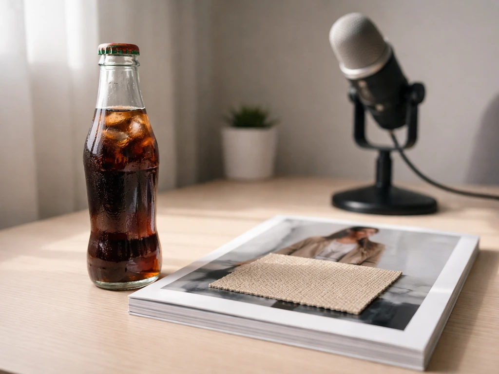 Iced cola bottle, unbranded fashion magazine, and studio microphone on a clean desk symbolizing brand partnerships.