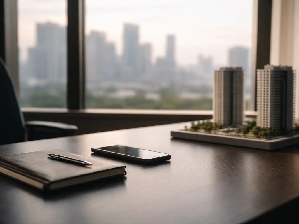 Modern office desk with smartphone and architectural model near a window overlooking a city skyline.