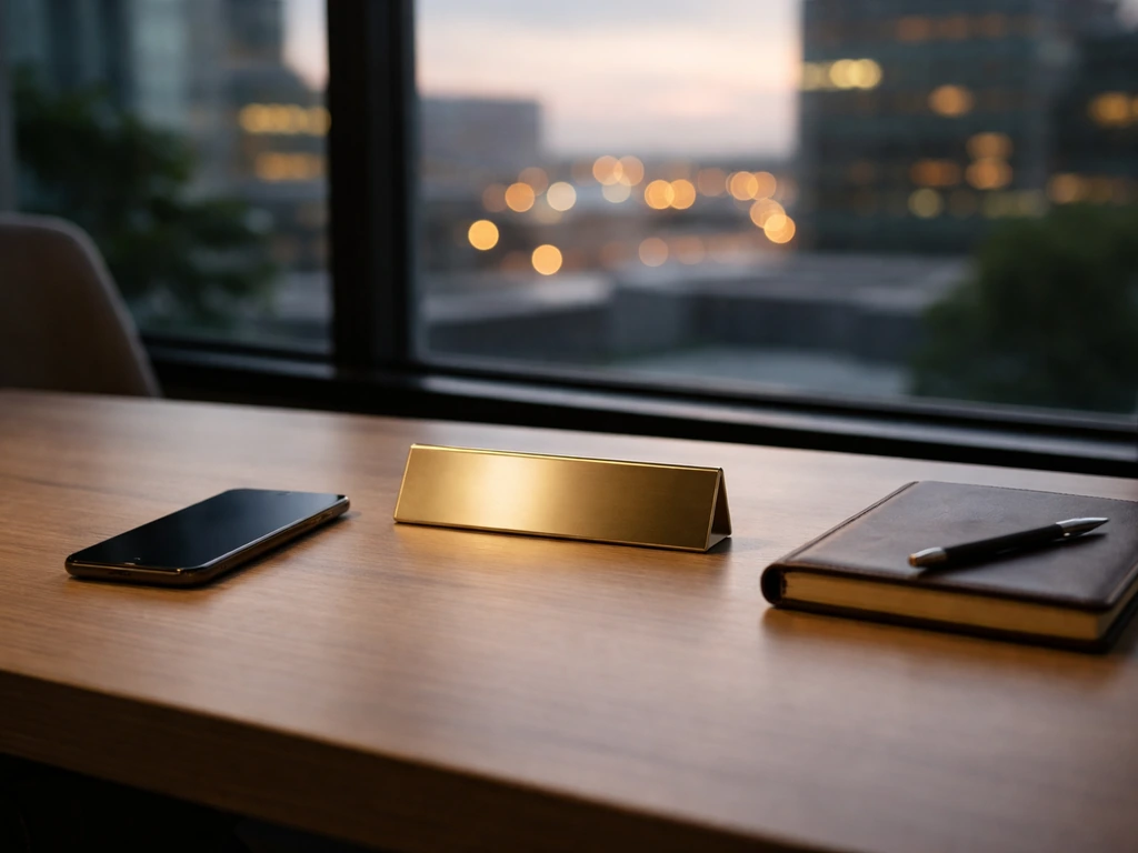 Empty modern office desk with a brass nameplate, smartphone, and a blurred city skyline through the window