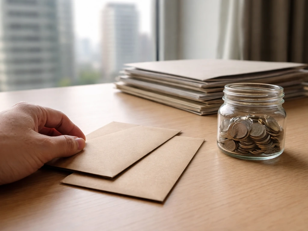 Minimal desk scene with unlabeled envelopes and coins beside financial folders, symbolizing a defended net-worth range.