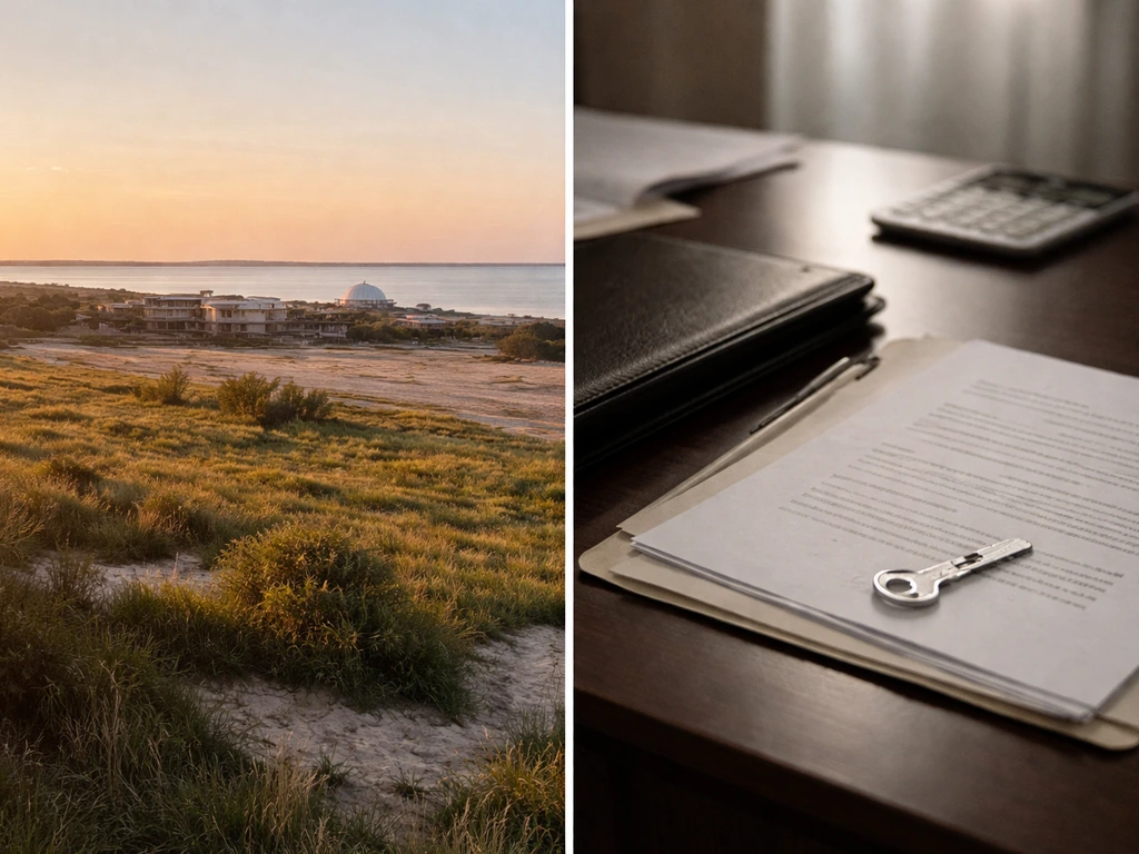 Split view of a quiet coastal property landscape and a simple debt-financing vibe with a lender paperwork folder