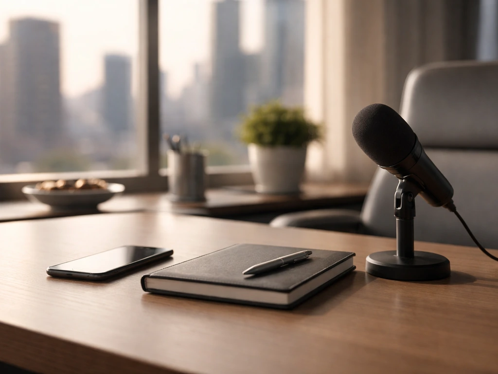 Minimal office scene with a desk microphone and city view, symbolizing corporate finance analysis.