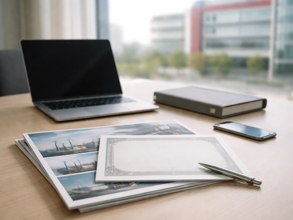 Sunlit business desk with a laptop showing Prysmian-like documents, symbolic wealth anchor without any people