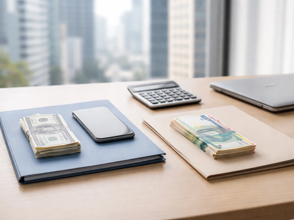 Business desk with phone, calculator, and mixed-currency cash suggesting conflicting financial numbers from inputs.
