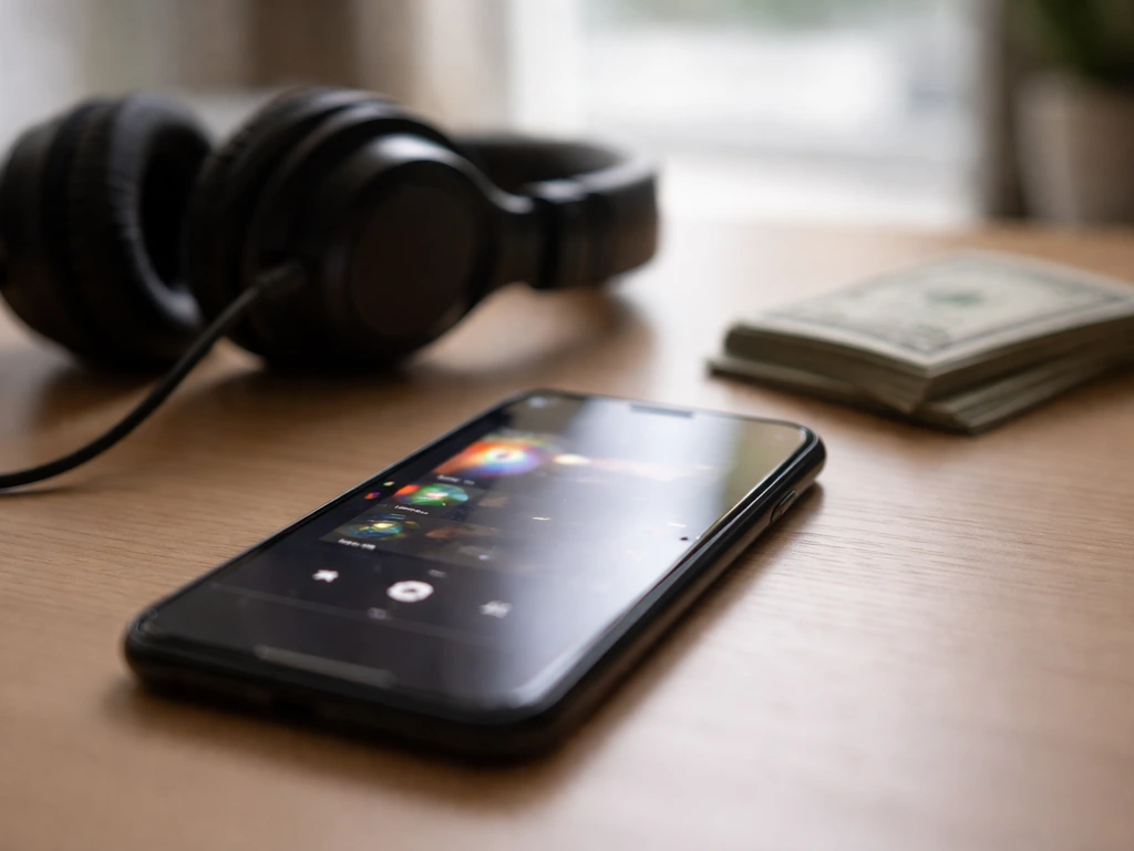 Smartphone with blurred music-streaming screen, studio headphones and cash on a desk, suggesting streaming stats.