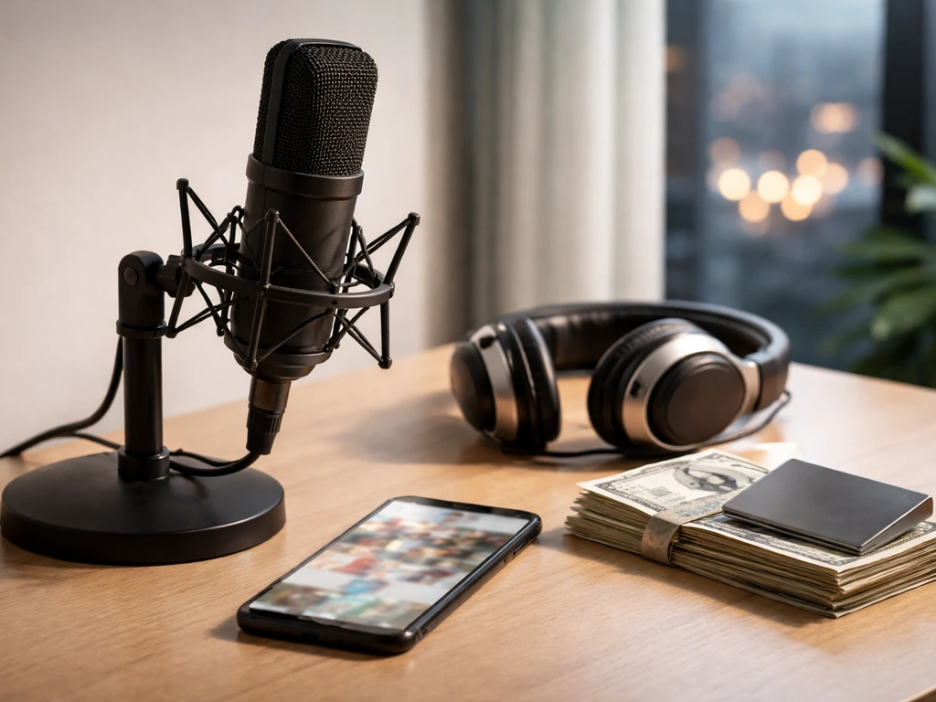 Unbranded music studio desk with microphone, blurred phone media, and cash symbolizing brand income.