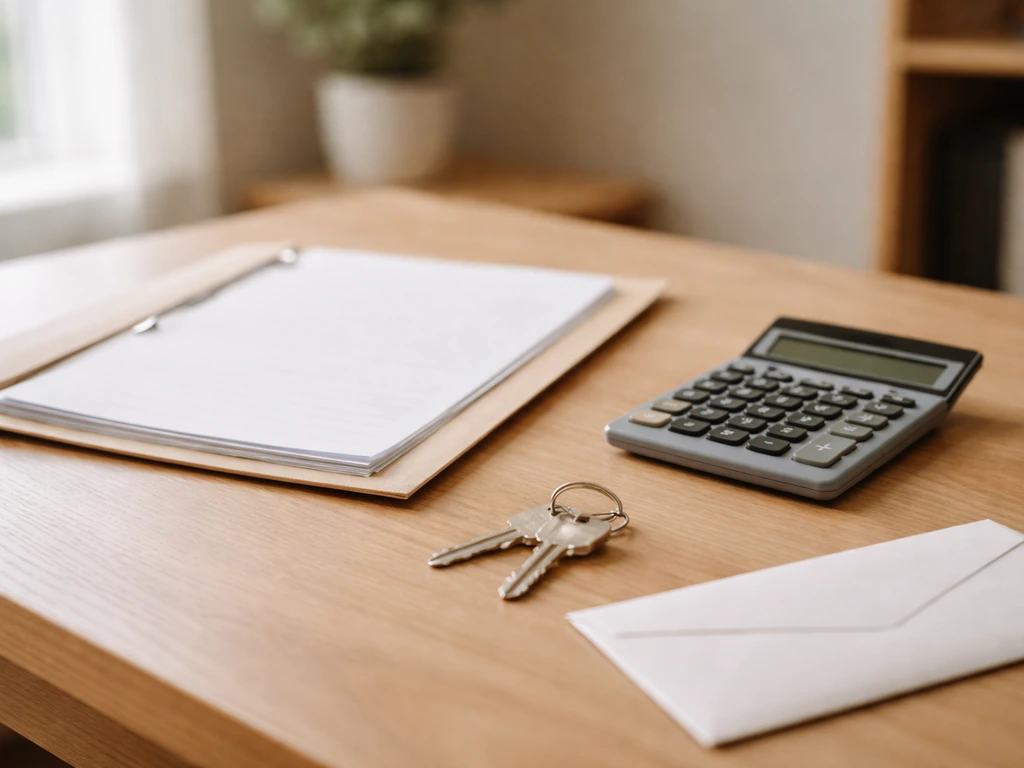 Minimal office desk scene with a calculator, keys, and documents suggesting assets minus liabilities net worth.