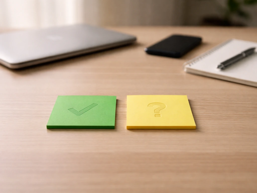 Minimal office desk scene with a notepad, pen, and two colored cards symbolizing verified vs estimated