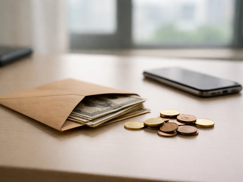 Minimal office scene with a sealed envelope and a smartphone beside coins, symbolizing estimated net worth ranges.