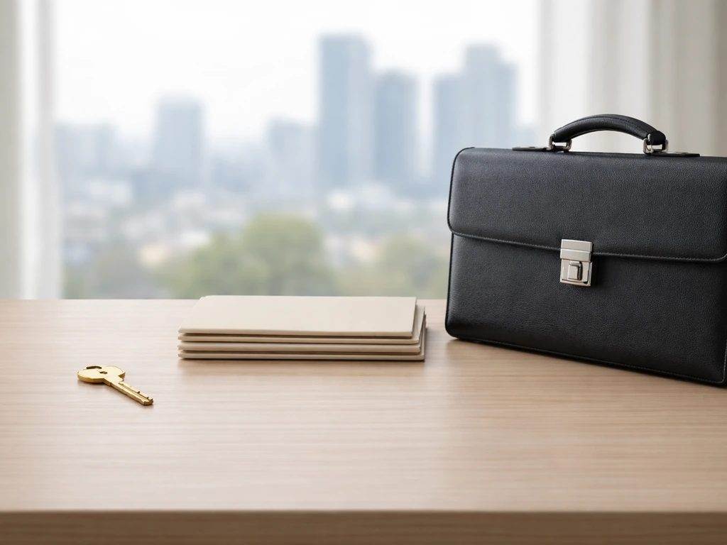 Minimal photo of a real estate key, a sleek briefcase, and a small stack of documents on a desk