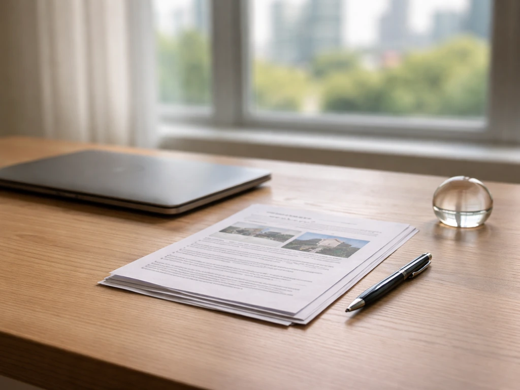 Minimal desk scene with scattered documents and a closed laptop, suggesting property-based net worth analysis