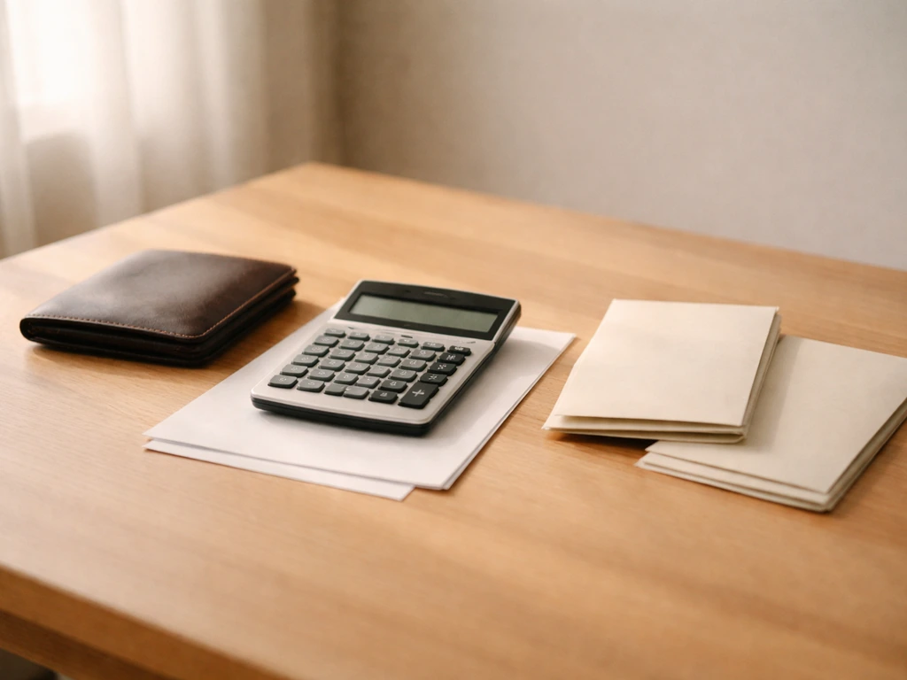 Minimal photo of a desk with scattered money envelopes and a calculator, symbolizing assets minus liabilities