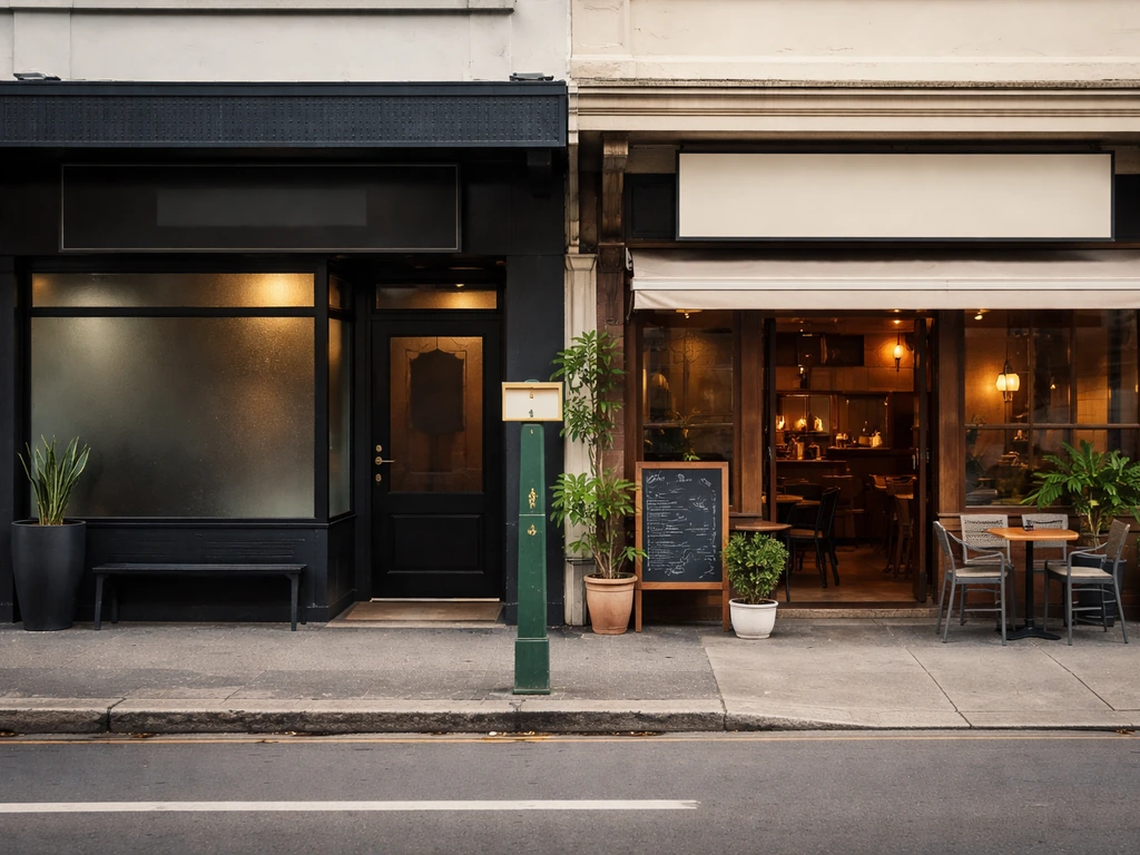 Street-level view of a tattoo studio and a small restaurant storefront representing income-source categories