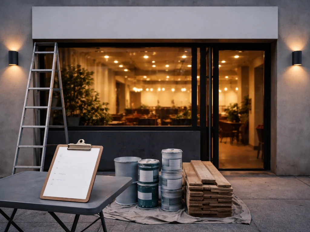 Quiet restaurant storefront with renovation materials and a blank checklist, hinting at expansion plans.