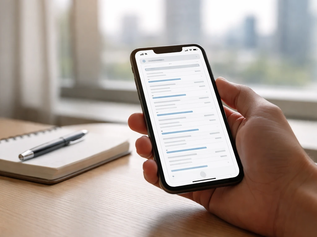 Hand holding a smartphone showing generic company registry search results on a desk.