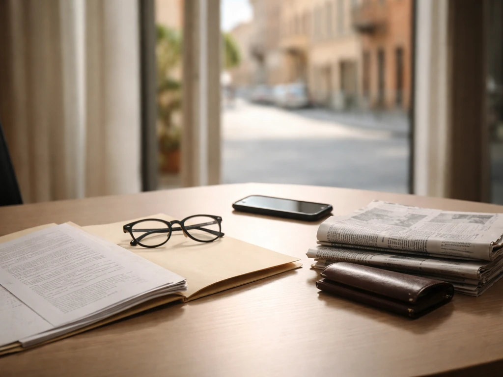 Minimal Italian office desk with unreadable papers, blurred newspapers, and a wallet suggesting verified wealth reportin