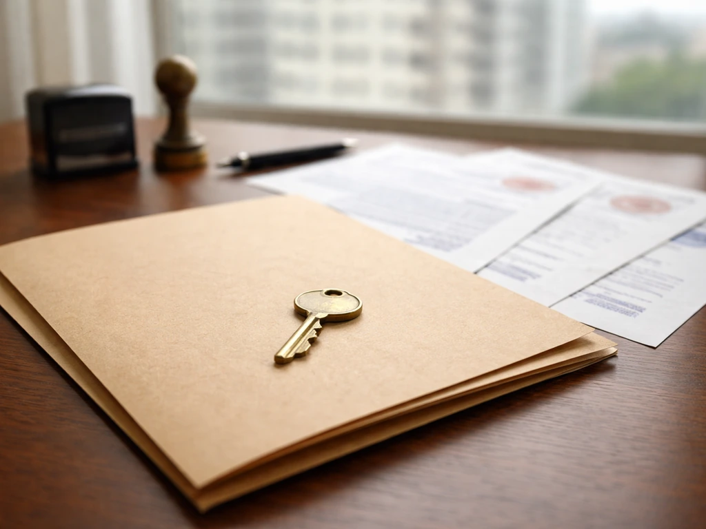 Minimal close-up of a banker’s desk with a folder, stamped documents, and a single brass key near a city view.