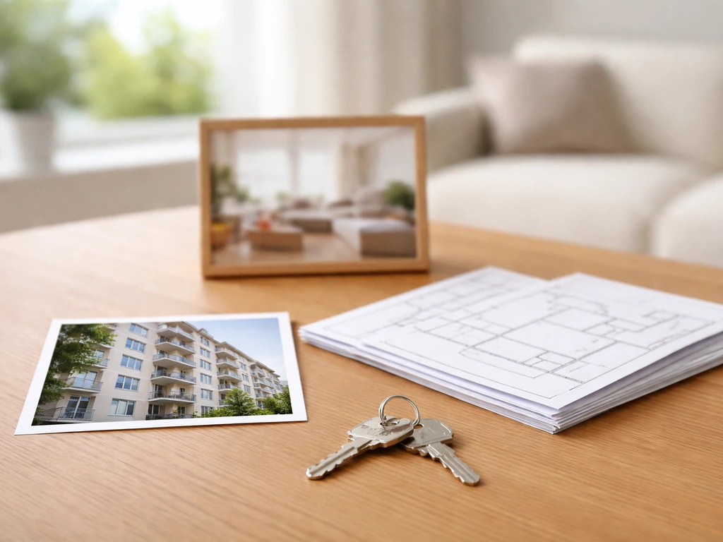 Minimal tabletop still life with apartment facade photo, bright interior print, keys, and floor-plan sheets.
