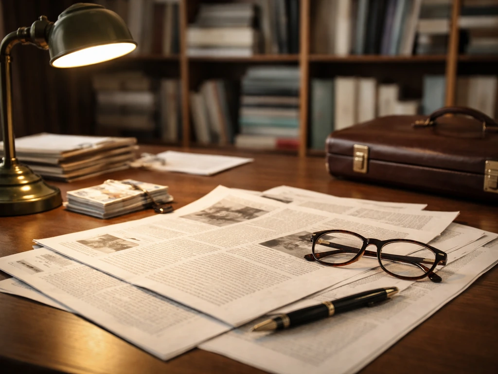 Minimal editorial desk in an Italian newsroom with printed pages, a briefcase, and euro cash.