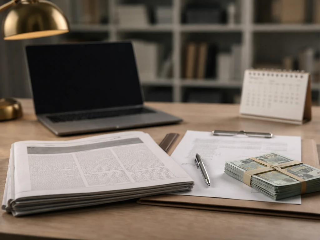 Newsroom desk with a printed front page, blank documents, and a tied stack of euro banknotes.