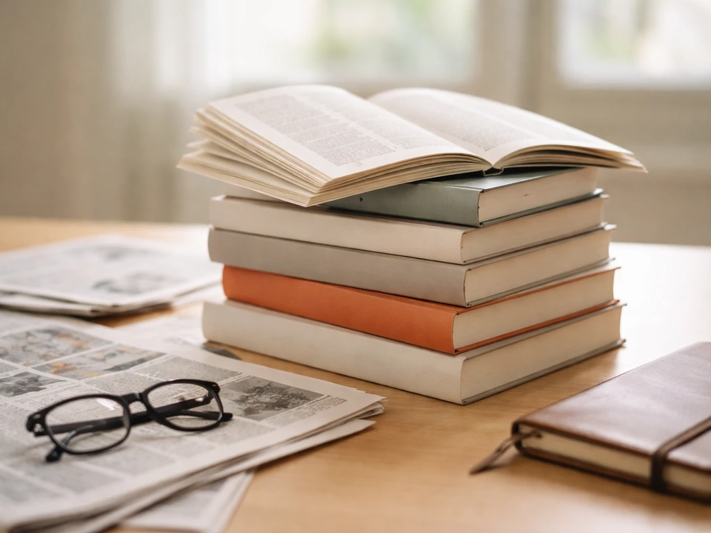 Stack of Italian journalism nonfiction books on a desk with newspapers and reading glasses, no people.