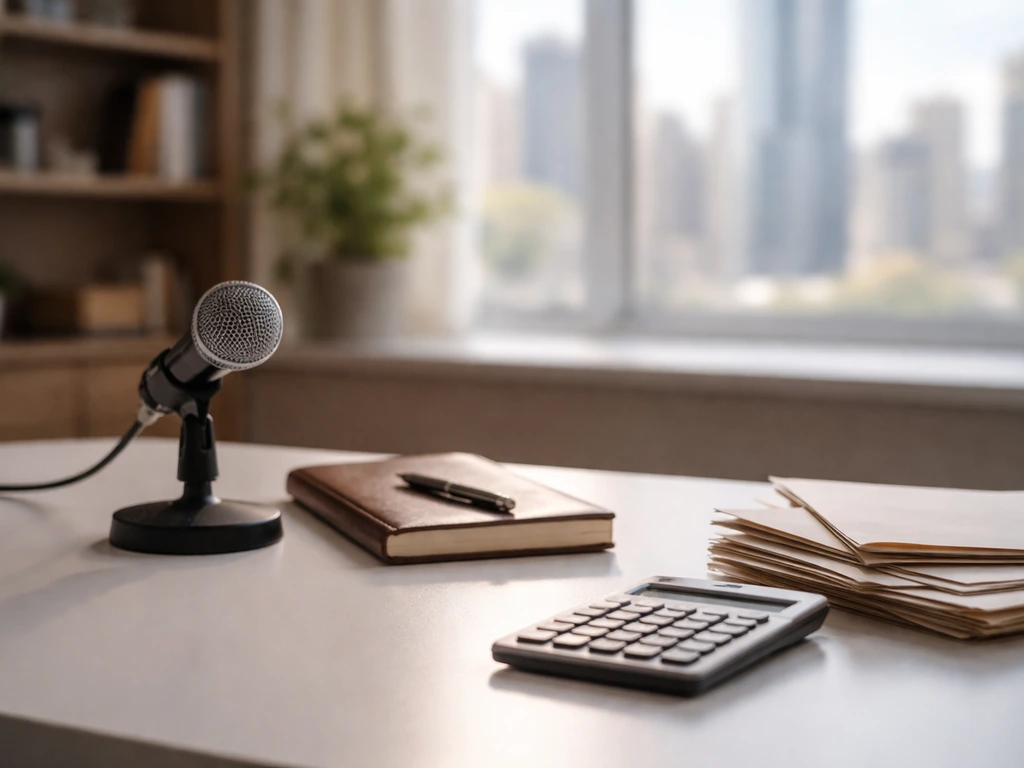 Minimal office desk with a notebook and microphone beside a calculator, symbolizing media earnings analysis