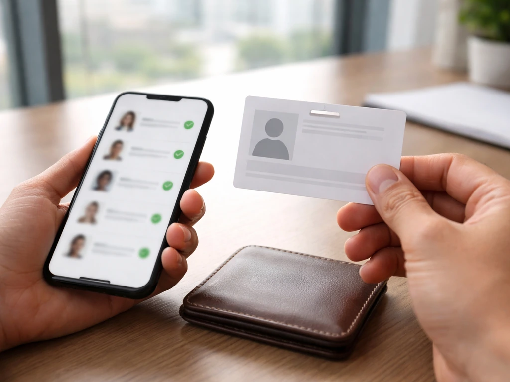 Close-up of a wallet and a smartphone showing a blurred identity-check style screen next to ID card