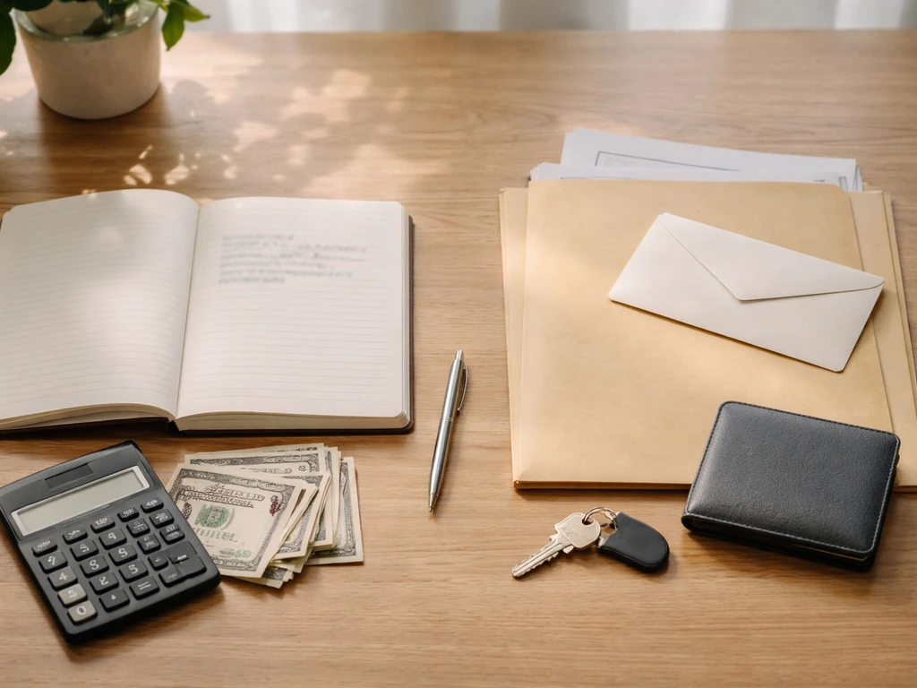 Close-up of a desk showing a notebook with annual earnings and a separate folder with a net-worth balance theme