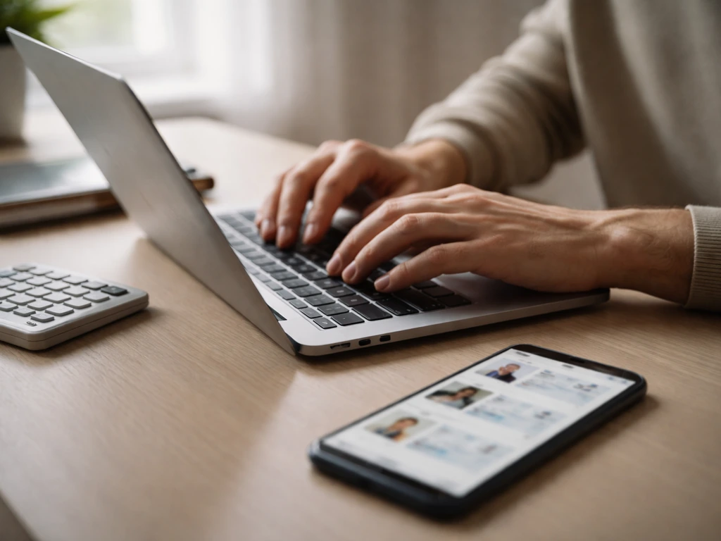 Hands typing on a laptop with a phone showing blurred profile cards—symbolic identity verification.