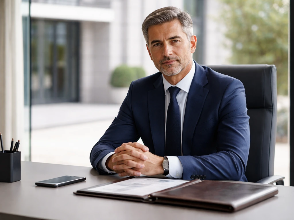 Italian business president-like man in a modern office, with a blurred company facade behind him.