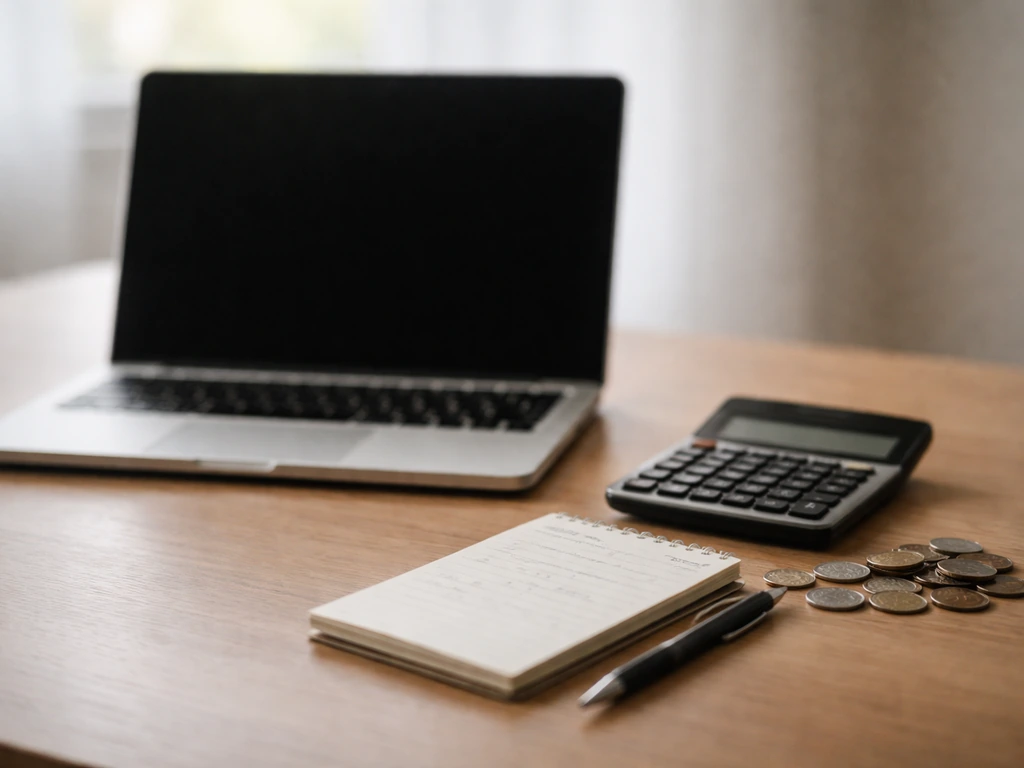 Close-up of a laptop and calculator beside a notebook with scattered coins, symbolizing step-by-step valuation.