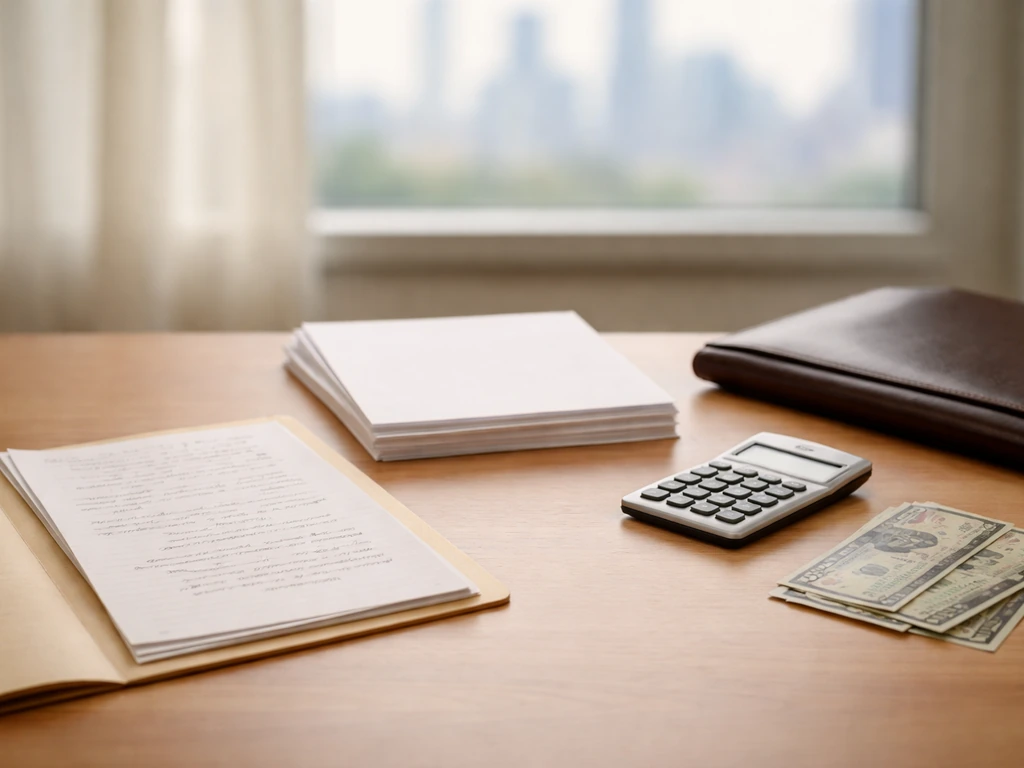 Minimal office scene with cash, documents, and a desk calculator symbolizing a valuation adjustment