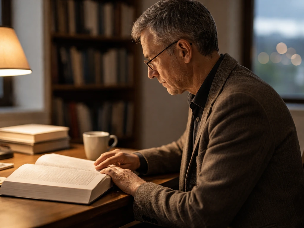 Czech-Canadian scientist-style author at a quiet desk with books and a city view at dusk