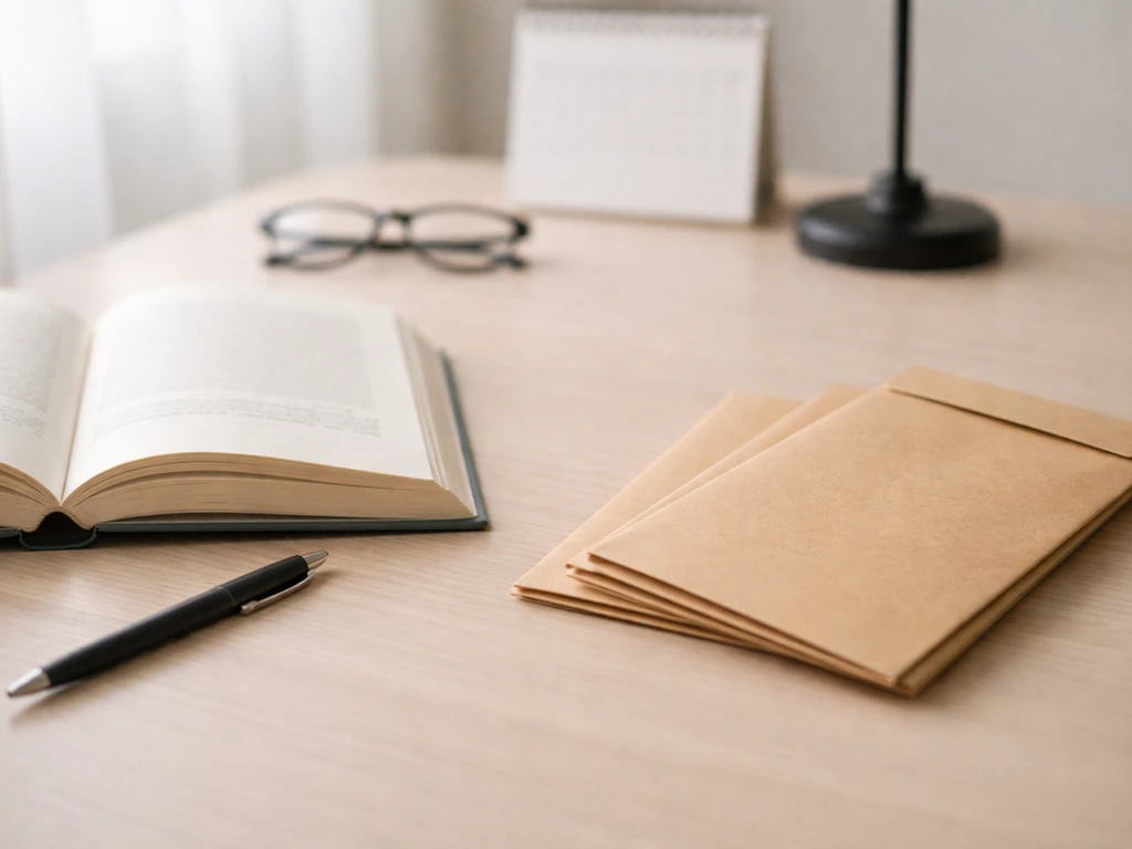 Minimal photo of a desk with an open book, notebook, and cash-like envelopes suggesting book royalties and speaking inco