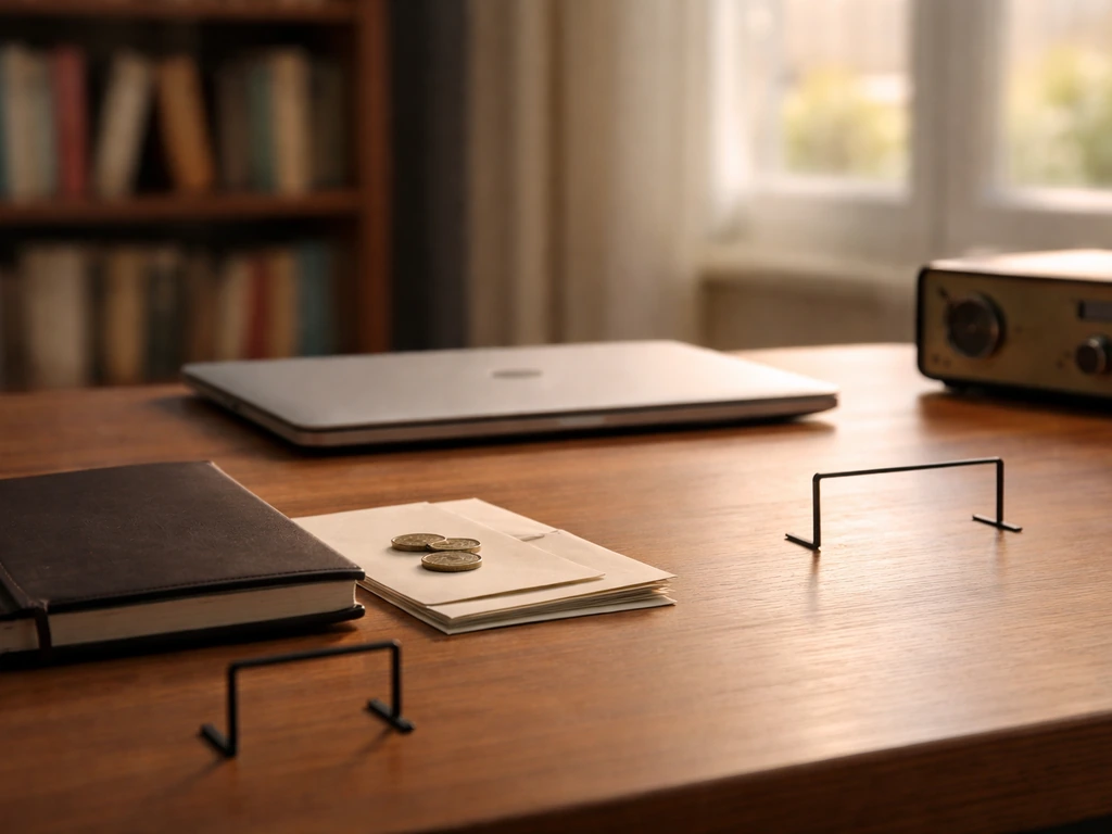 Minimal office scene with blurred money and media cues suggesting royalties driving an earnings range