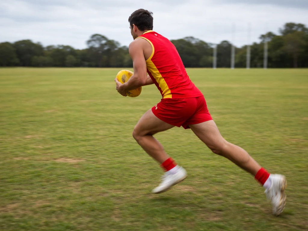 A single AFL-style footballer sprinting with the ball on a simple field under natural light.