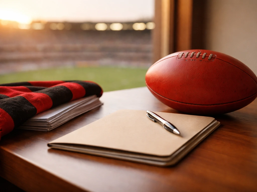 Close-up of an AFL football on a desk with an unmarked contract folder and red-black scarf, stadium bokeh behind