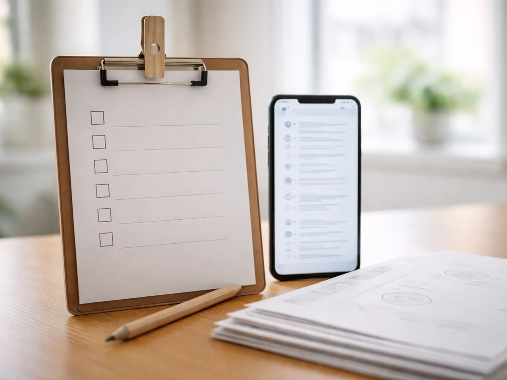 Minimal office desk with a blank checklist clipboard, documents, and a phone for verifying public sources.