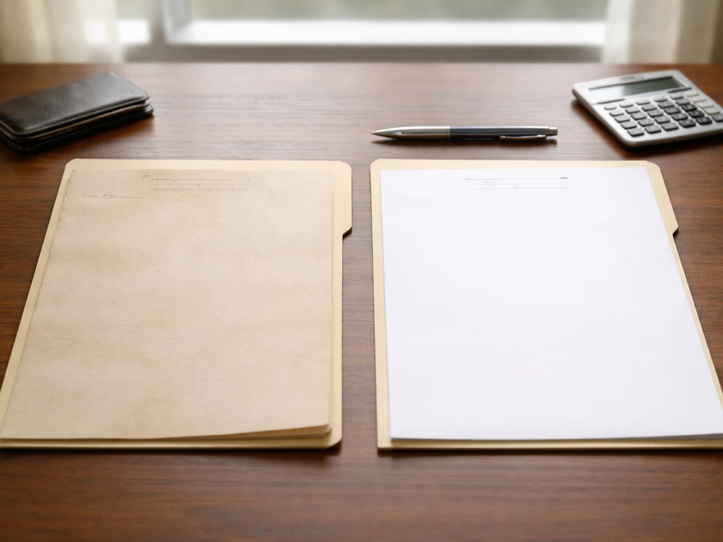 Split-style view of an outdated paper document beside a fresh blank page in a desk finance setting