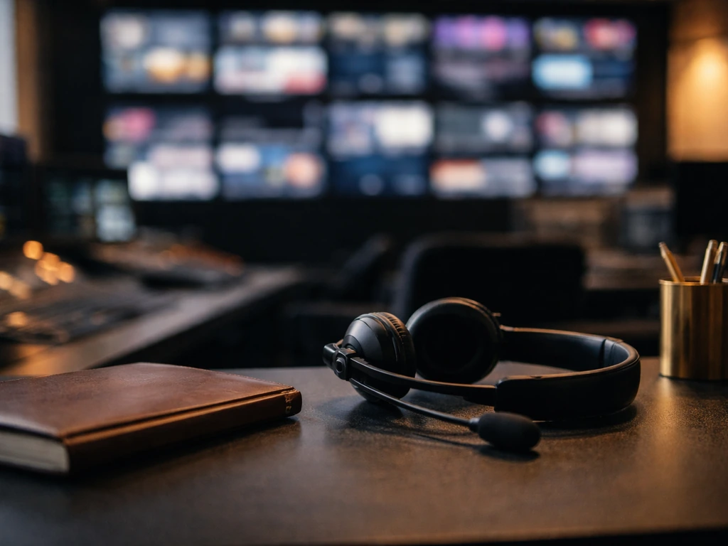Empty TV studio desk with headset, notebook, and pen, symbolizing media work and public-value searches.