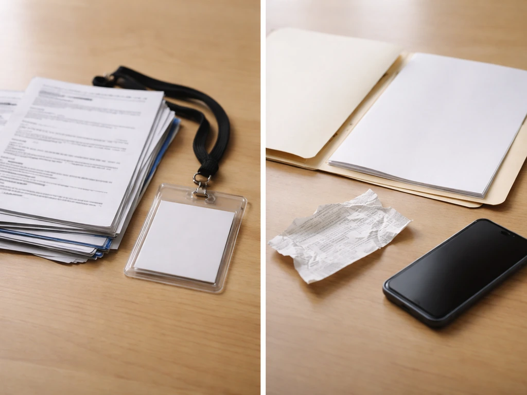 Minimal split scene showing credible film paperwork on one side and blank/uncertain documents on the other.